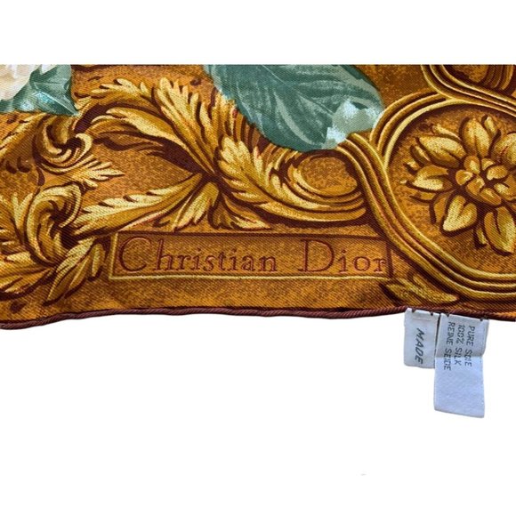 CHRISTIAN DIOR Brown With Flower Print Silk Scarf Italy SQR 34’’ EX.COND - Picture 2 of 8